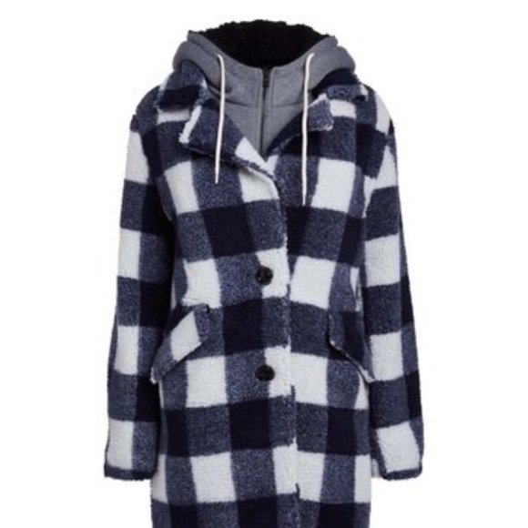 Steve Madden Sweaters - Steve Madden Navy & White Buffalo Plaid Convertible Hooded Teddy Coat - Women